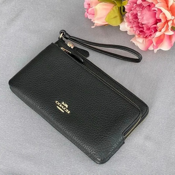 NWT - COACH Double Zip Wallet - Refined Pebble Leather - Gold/Black - Picture 4 of 15